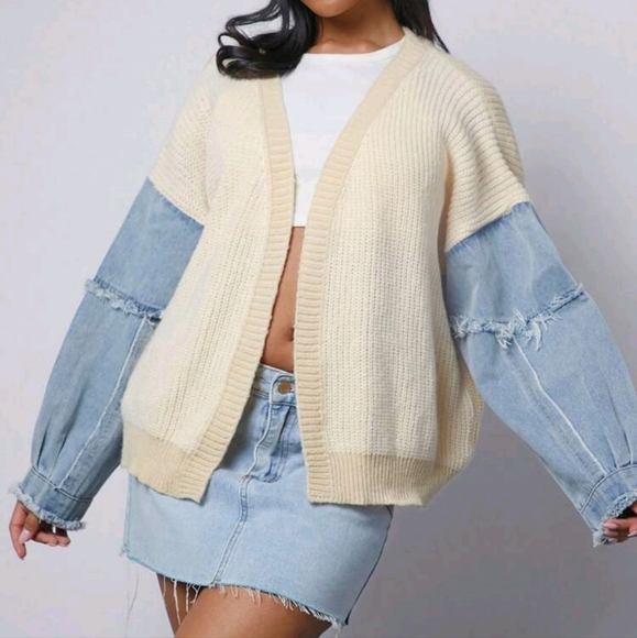 Colorblock Mixed Fabric Sleeve Open Cardigan